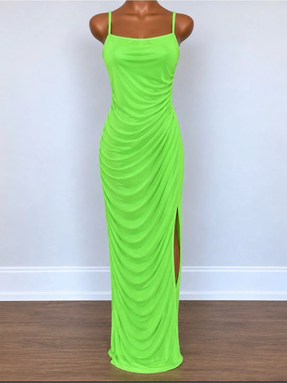 Jasmine Neon Green Ruched Spaghetti Strap Maxi Dress